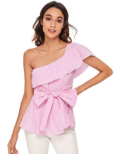 Romwe Women39s Summer Slim Fit Striped Foldover One Shoulder Bow Tie Front Cap Sleeve Peplum Ruffle Tops Shirt Blouse Petite