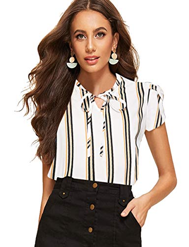 Romwe Women39s Chiffon Casual Petal Short Sleeve Bow Tie Blouse Top Shirts