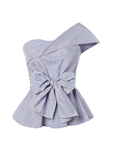 Romwe Women39s Summer Slim Fit Striped Foldover One Shoulder Bow Tie Front Cap Sleeve Peplum Ruffle Tops Shirt Blouse Petite