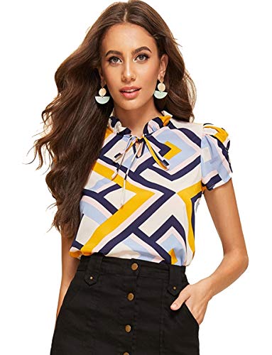 Romwe Women39s Chiffon Casual Petal Short Sleeve Bow Tie Blouse Top Shirts