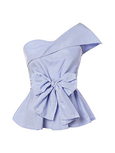 Romwe Women39s Summer Slim Fit Striped Foldover One Shoulder Bow Tie Front Cap Sleeve Peplum Ruffle Tops Shirt Blouse Petite