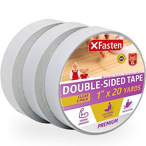 Ideal for gift wrapping carpet holding and woodworking this threepack of XFasten clear removable doublesided tape is 1 inch by 20 yards