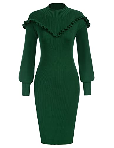 Belle Poque Women Ribbed Long Sleeve Sweater Dress Mock Neck Side Slit Bodycon Sweater Dress