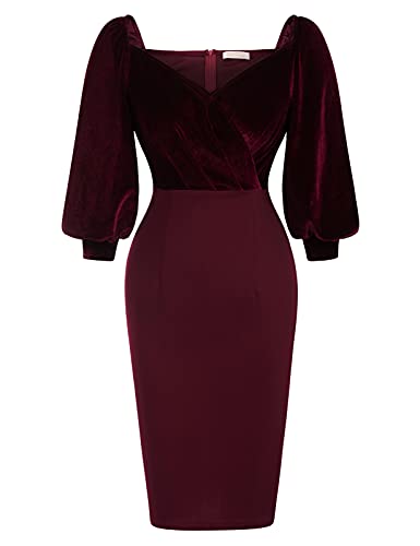 Belle Poque Women Velvet Dress Lantern Sleeve Wrap Neck Cocktail Pencil Dress