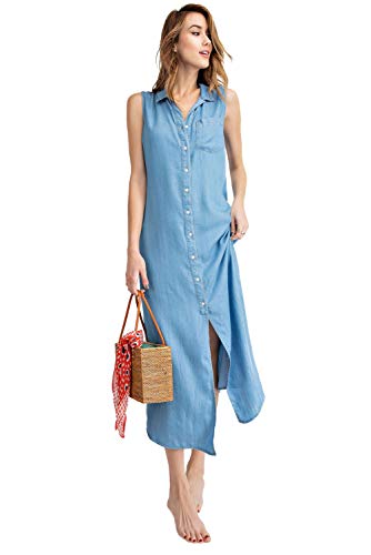 AnnaKaci Classic Sleeveless Blue Jean Button Down Denim Pocket Collar Shirt Dress