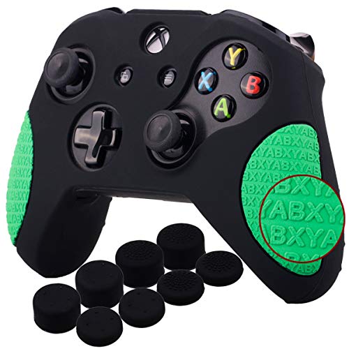 YoRHa Thickened Rubber Silicone Cover Skin Case 3D Letters Massage Grip for Xbox One SX Controller x 1BlackGreen with PRO Thumb Grips x 8