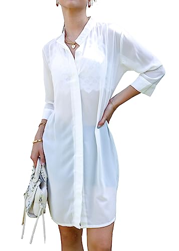 AnnaKaci Sheer Chiffon Long Tunic Blouse Button Down Dress Shirt Cover Up