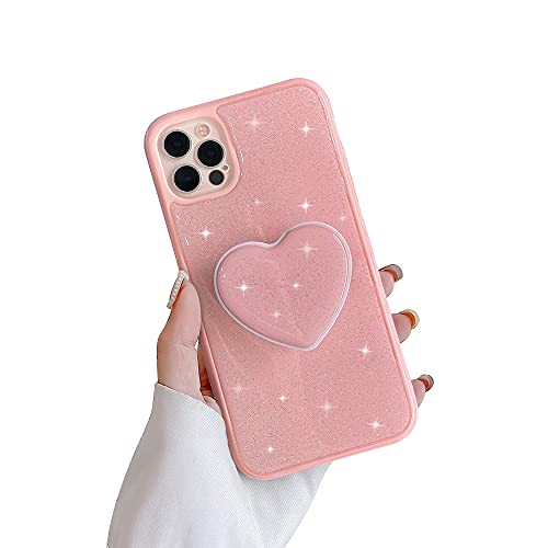 Ownest Compatible with iPhone 12 Pro Max CaseSparkly Bling Glitter Design with Heart Shape Holder for Women Girls Soft TPU Shockproof AntiScratch Protective Cases for iPhone 12 Pro MaxPink