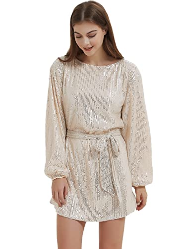 AnnaKaci Women39s Sparkly Sequins Party Dress Long Sleeve Crew Neck Elegant Loose Fashion Dresses