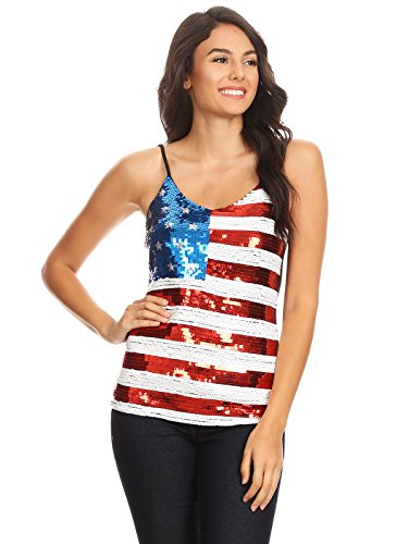 AnnaKaci Ladies USA Flag Sequin Cami Blouse Tank Top Show Your Patriotism