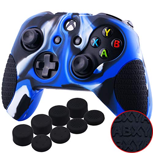 YoRHa Thickened Rubber Silicone Cover Skin Case 3D Letters Massage Grip for Xbox One SX Controller x 1BlackGreen with PRO Thumb Grips x 8