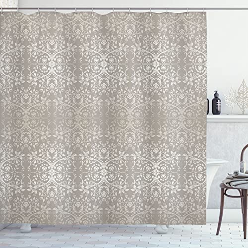 Ambesonne Grey Stall Shower Curtain Victorian Lace Flowers and Leaves Retro Background Old Fashioned Graphic Fabric Bathroom Decor Set with Hooks 36 W x 72 L Grey Beige