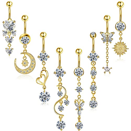 8 Pieces 14G Belly Button Rings Steel Long Dangle Navel Ring CZ Body Piercing Jewelry Gold