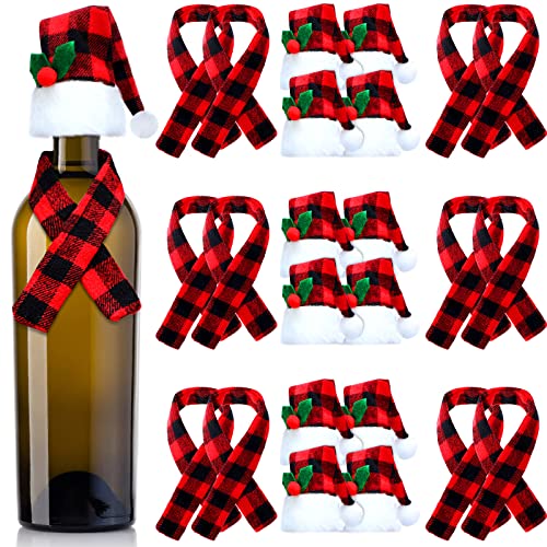 24 Pieces Christmas Wine Bottle Cover Set Christmas Buffalo Plaid Mini Xmas Santa Hat Bottle Scarf for Christmas Wine Bottle