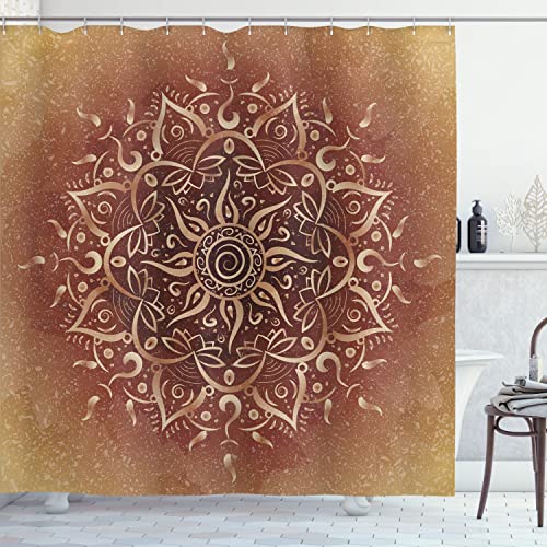 Ambesonne Lotus Shower Curtain Sun Pattern Ombre Effect of Mandala Culture Traditonal Oriental Print of Art Cloth Fabric Bathroom Decor Set with Hooks 69 W x 70 L Almond