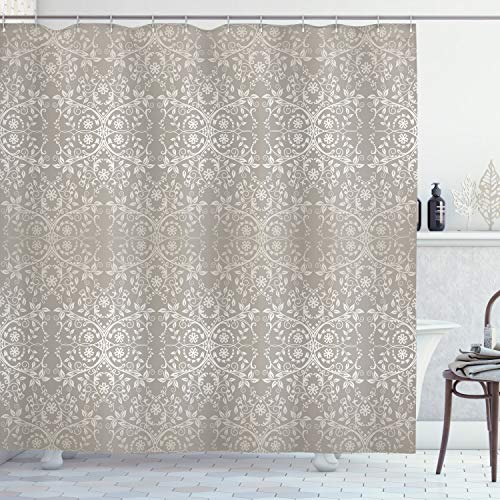 Ambesonne Grey Stall Shower Curtain Victorian Lace Flowers and Leaves Retro Background Old Fashioned Graphic Fabric Bathroom Decor Set with Hooks 36 W x 72 L Grey Beige