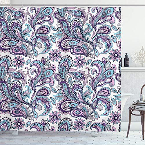 Ambesonne Paisley Shower Curtain Blue and Purple Flowers Leaves Floral Pattern Bohemian Style Country Print Cloth Fabric Bathroom Decor Set with Hooks 69 W x 70 L Pale Blue