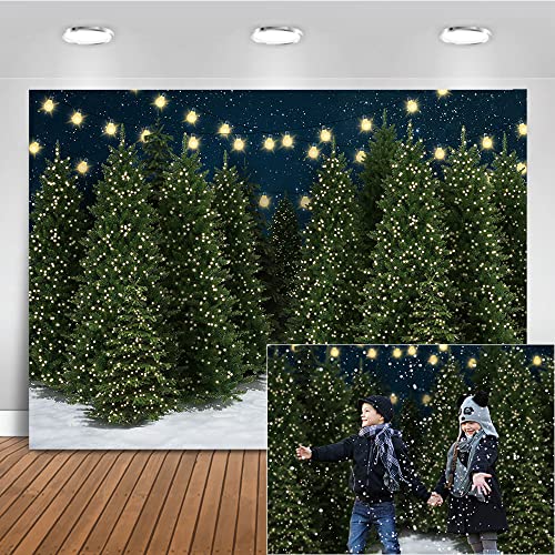 Mocsicka Christmas Tree Farm Photography Backdrop Blue Starry Sky Christmas Forest Photo Background Winter Night Xmas Holiday Famliy Portrait Background Photo Booth Props 7x5ft